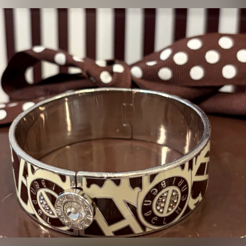HENRI BENDEL Cream and Brown Enamel Logo Bangle Cuff w/Gold Accents & Crystals - Picture 11 of 16